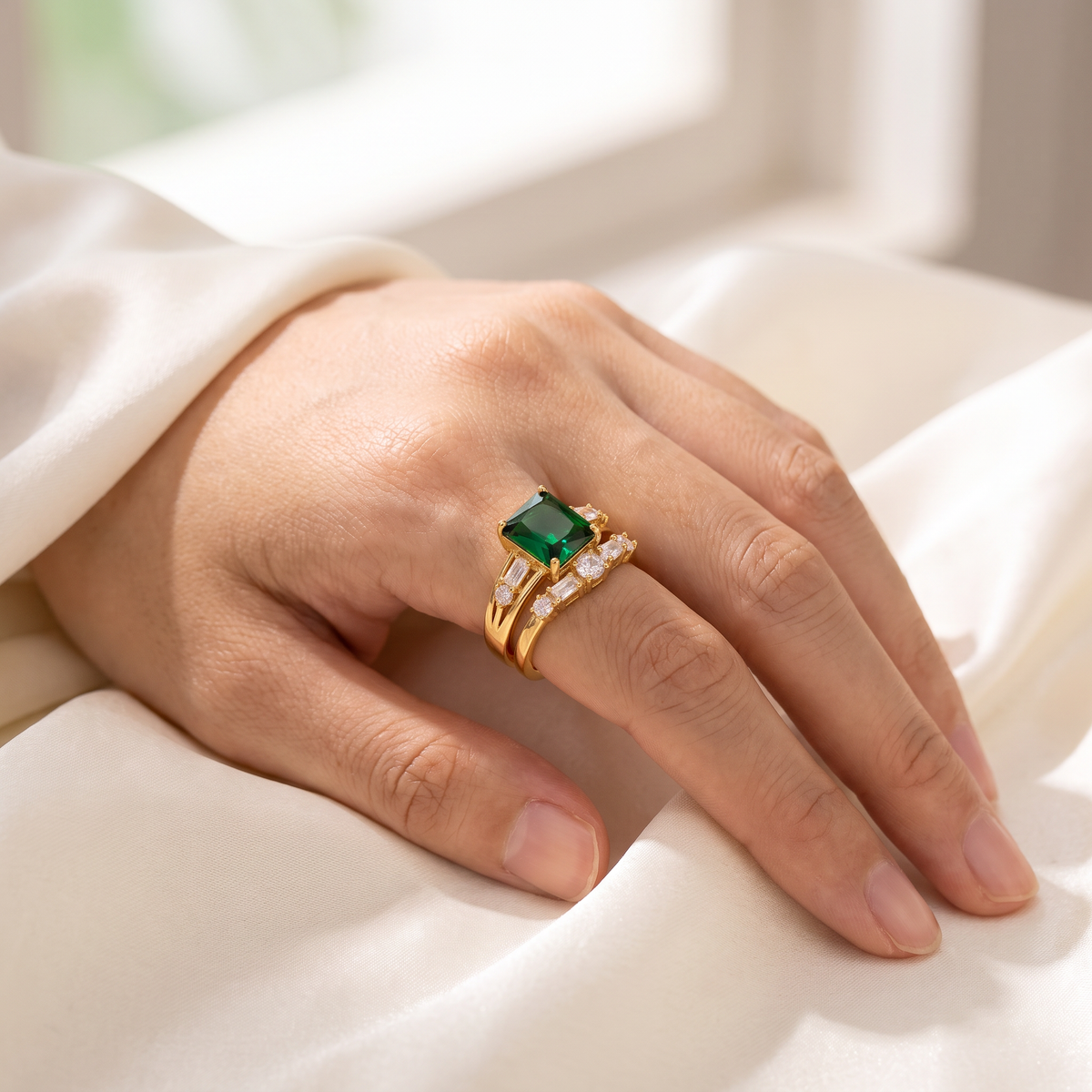 Verona Emerald Ring Set - worn - Rose & Giovanni