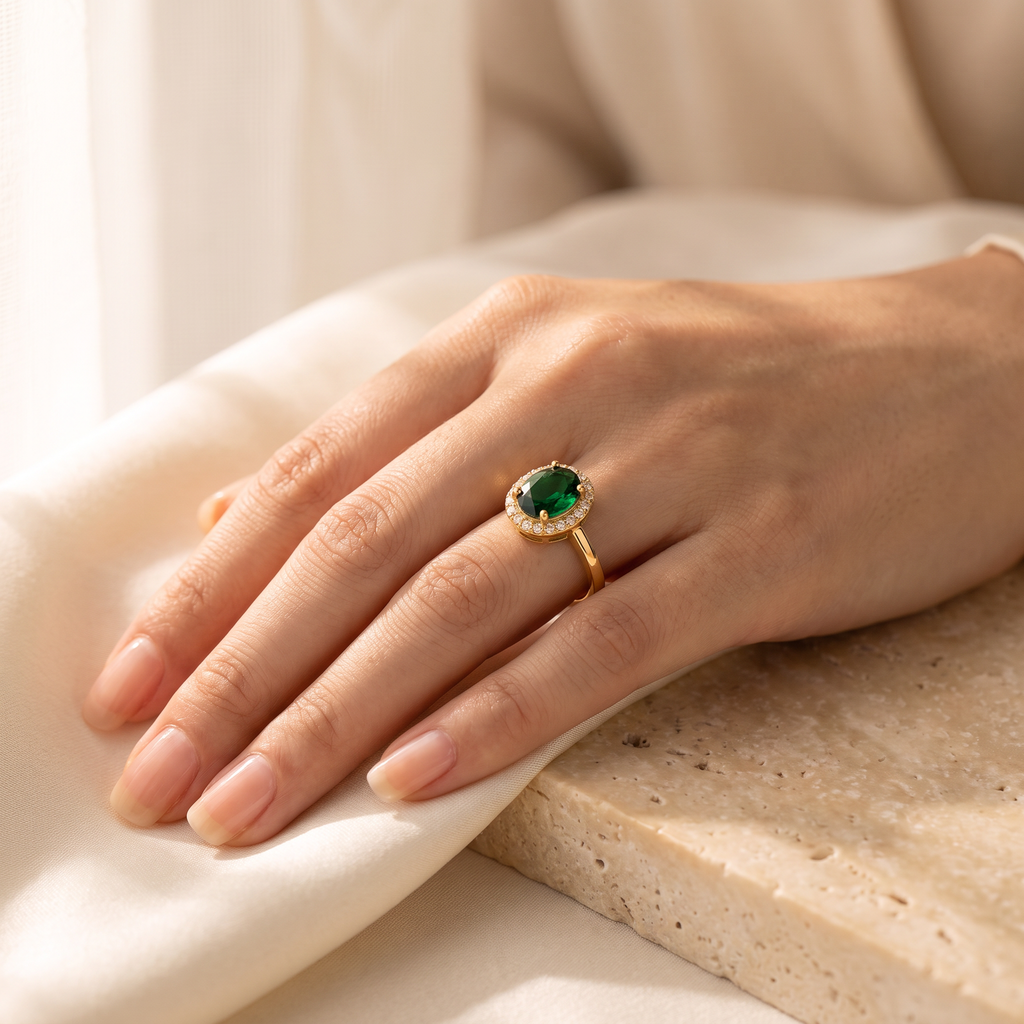 Smeralda Emerald-Tone Ring - worn - Rose & Giovanni