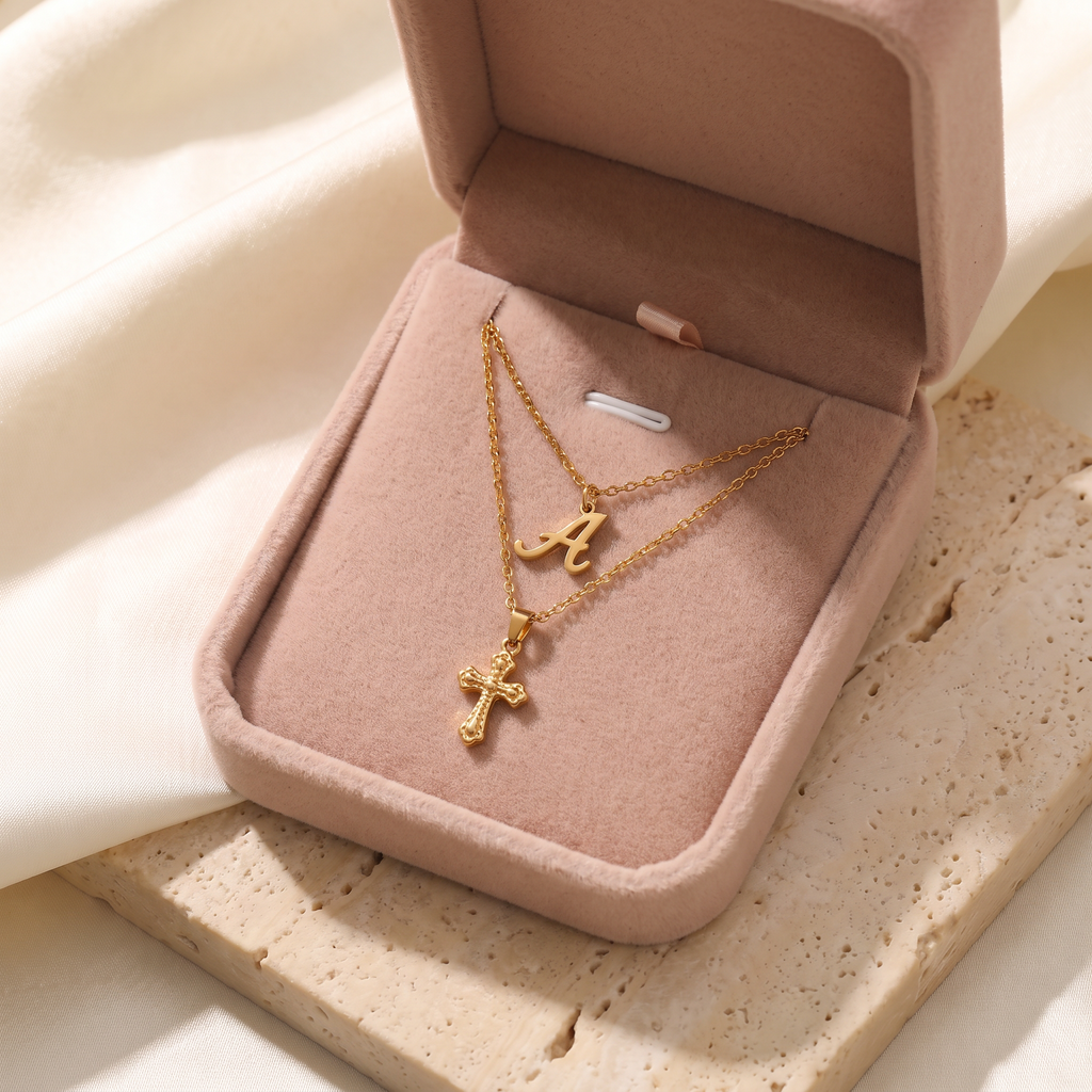 Fede Cross & Initial Set - gift box - Rose & Giovanni