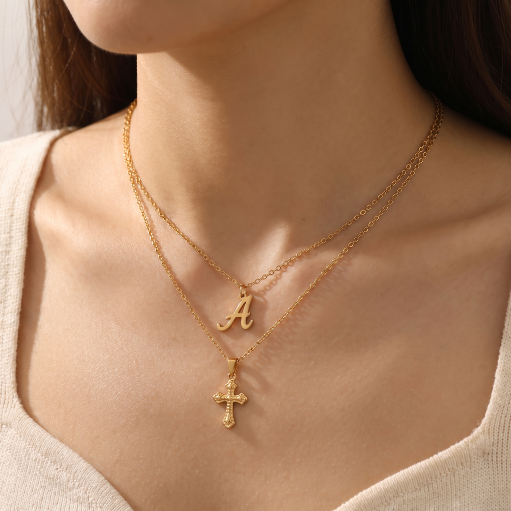 Fede Cross & Initial Set - worn - Rose & Giovanni