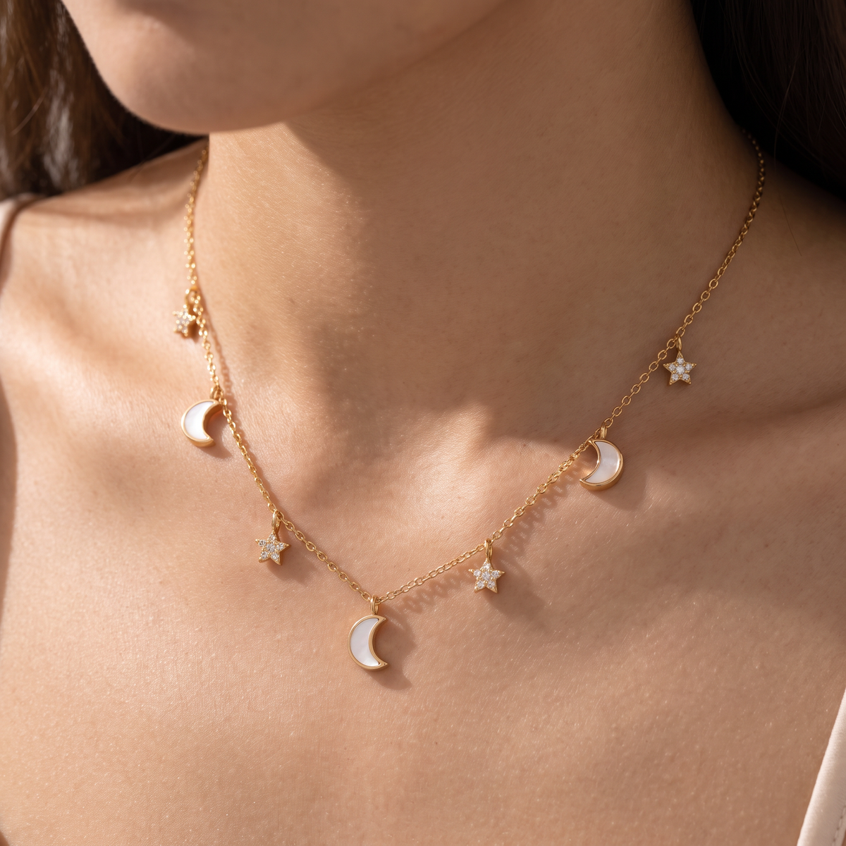 Notte Moon & Star Necklace - worn - Rose & Giovanni