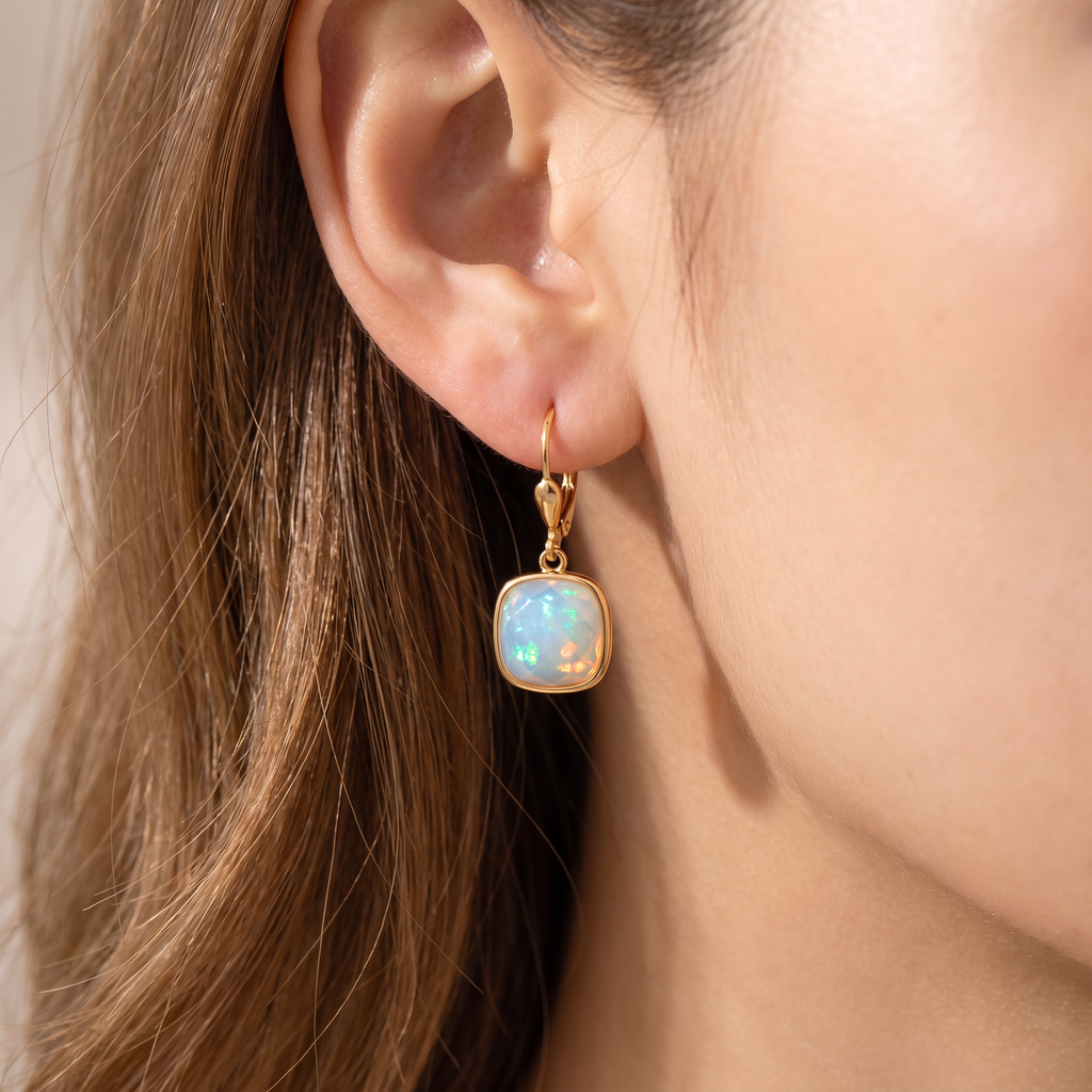 Opale Cushion Drop Earrings - worn - Rose & Giovanni