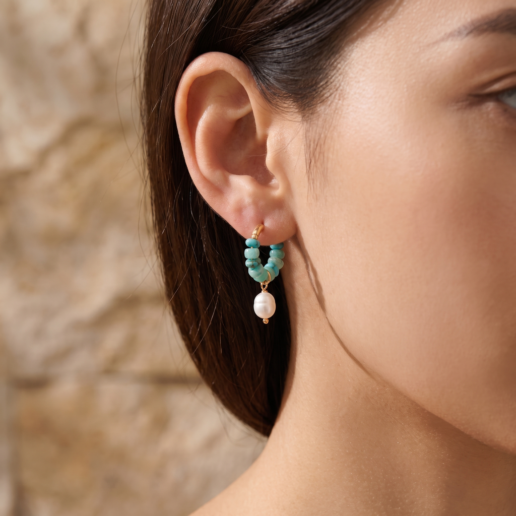 Riviera Bead & Pearl Hoops - worn - Rose & Giovanni
