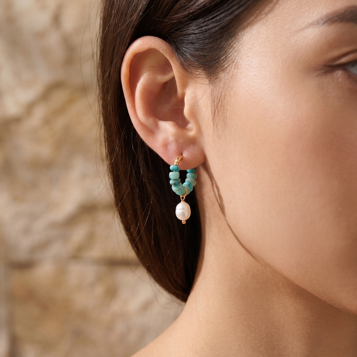 Riviera Bead & Pearl Hoops - worn - Rose & Giovanni