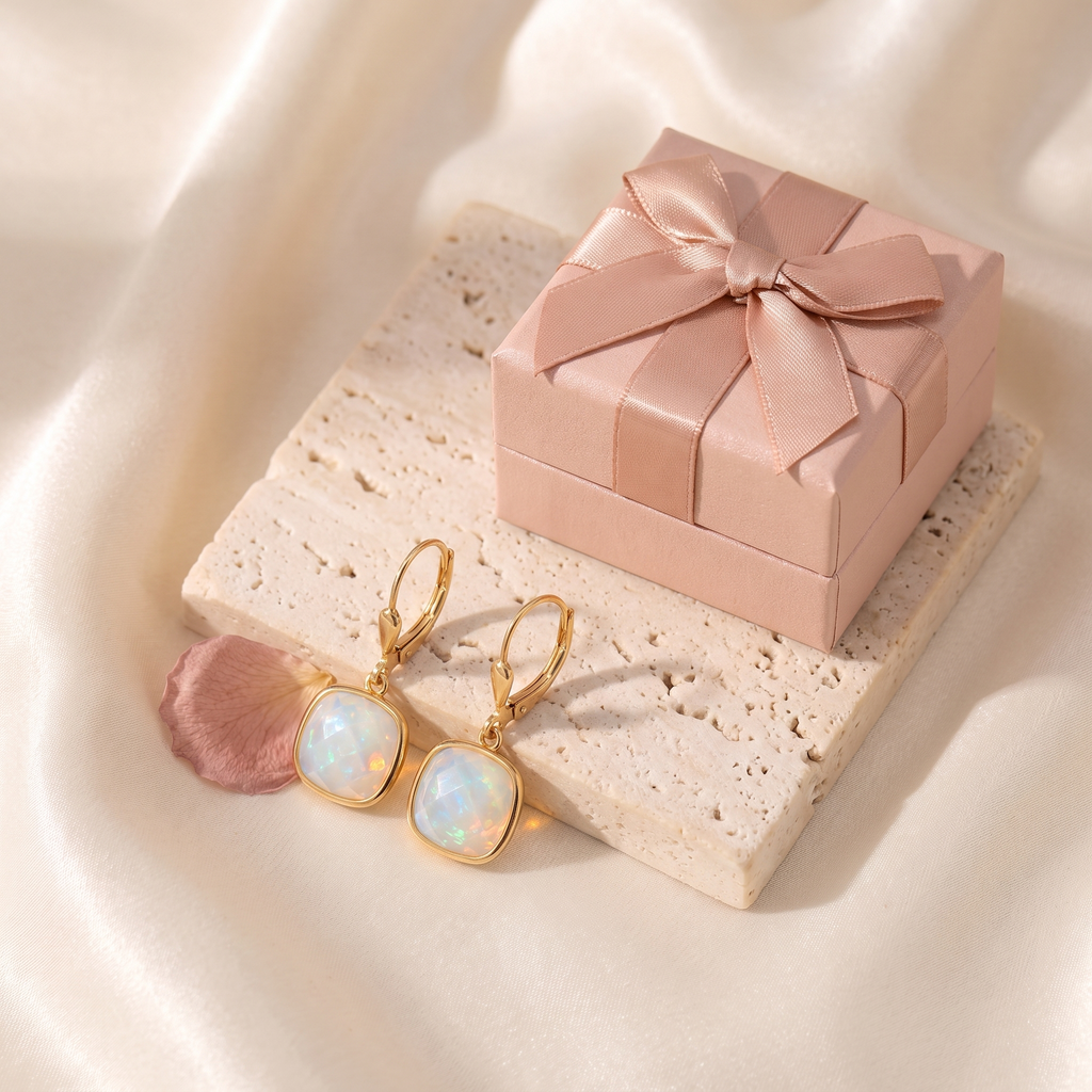 Opale Cushion Drop Earrings - gift box - Rose & Giovanni