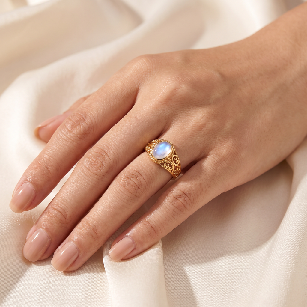 Selene Moonstone Ring - worn - Rose & Giovanni