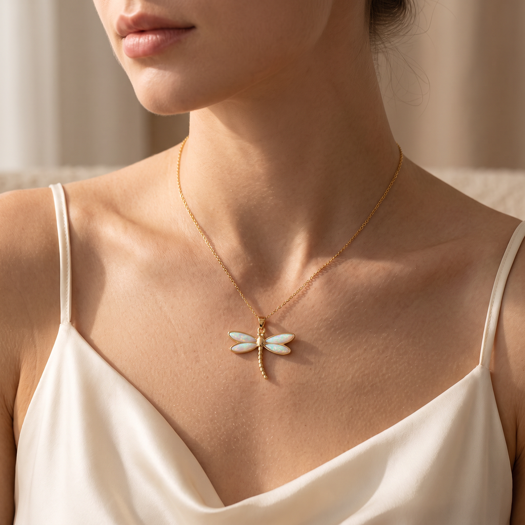 Libellula Dragonfly Necklace - worn - Rose & Giovanni