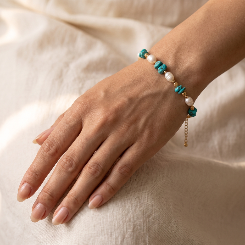Laguna Turquoise & Pearl Bracelet - worn - Rose & Giovanni