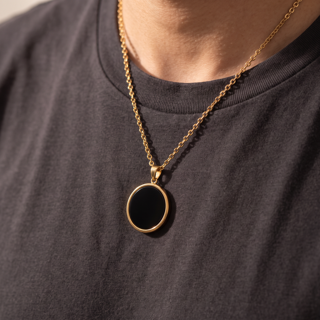 Giovanni Onyx Disc Pendant - worn - Rose & Giovanni