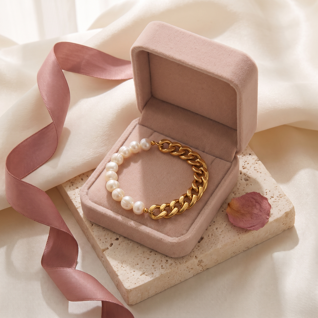 Giovanni Pearl & Cuban Bracelet - gift box - Rose & Giovanni